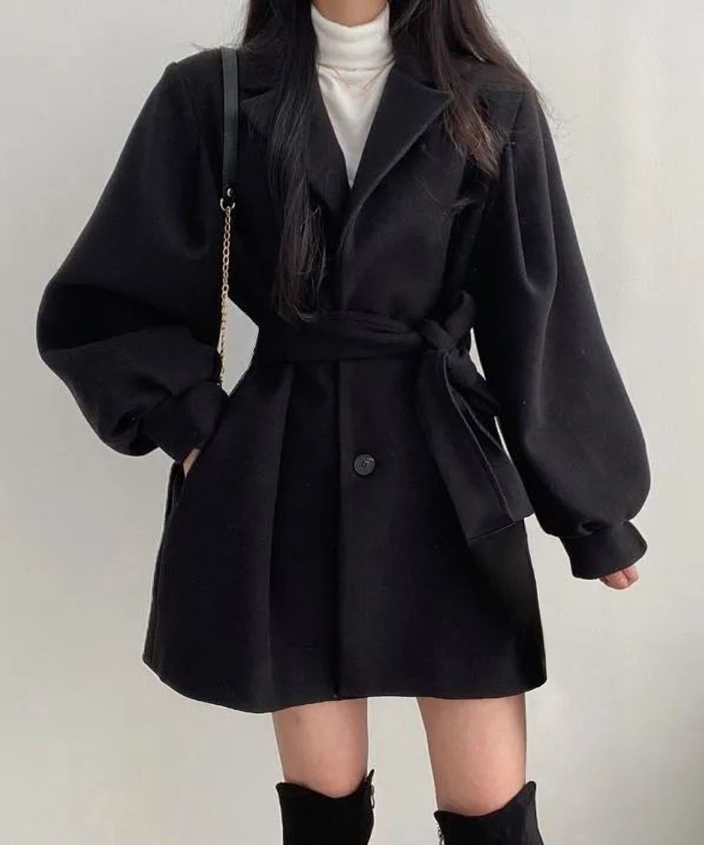 大人かわいい服 ぽわん袖ウエストベルト付きミドル丈チェスターコート 