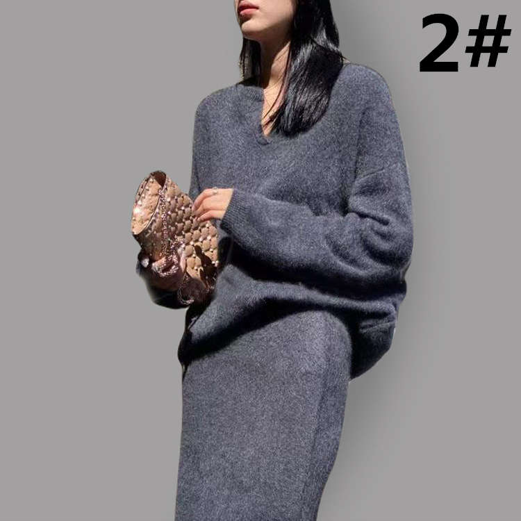 大人かわいい服 上品なブイネックニットセットアップ体型カバー長袖二点セット