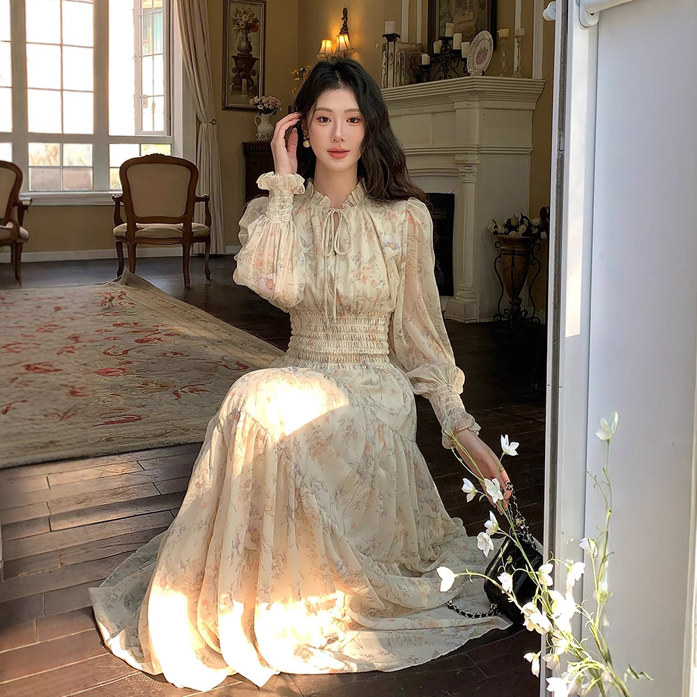 大人かわいい服 花柄シャーリングウエストロング丈ワンピース