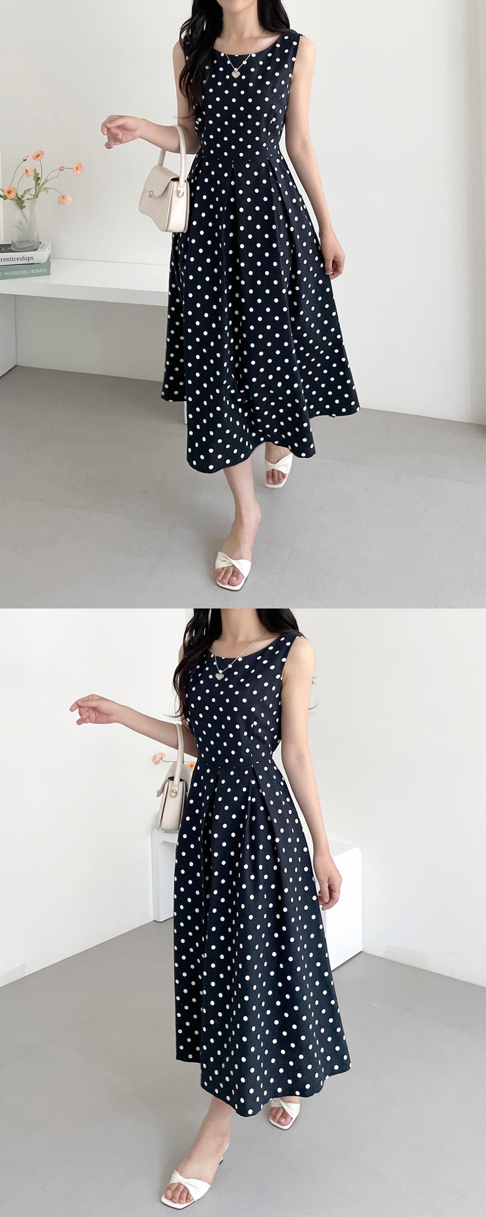 大人かわいい服 ドット柄ノースリーブフレアワンピース