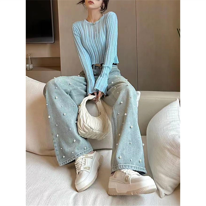 大人かわいい服 パール装飾デニムワイドパンツ