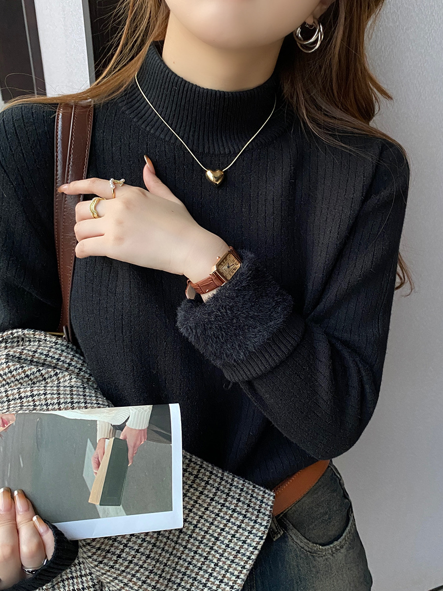大人かわいい服 裏起毛リブ編みハイネックニットトップス