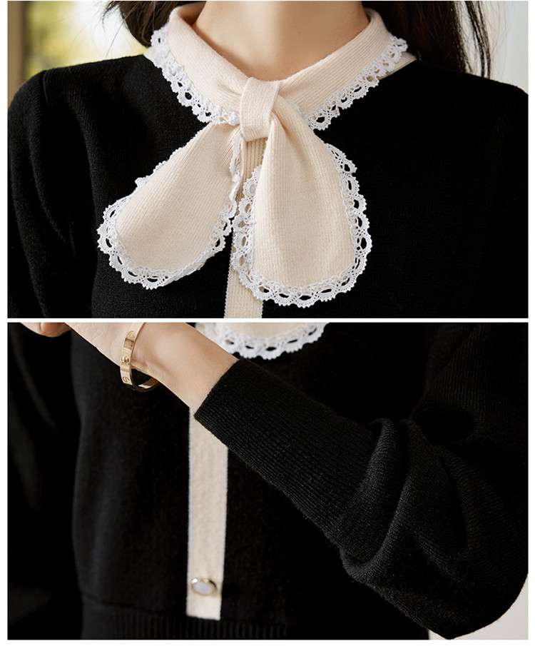 大人かわいい服 レース襟リボンニットワンピース
