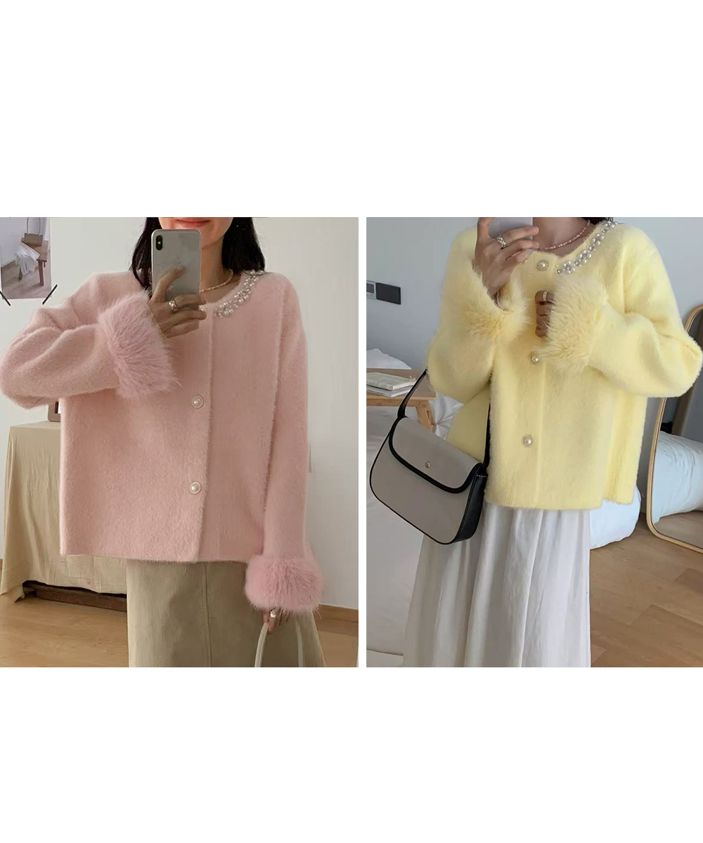 大人かわいい服 パール付きふわふわモヘアニットカーディガン