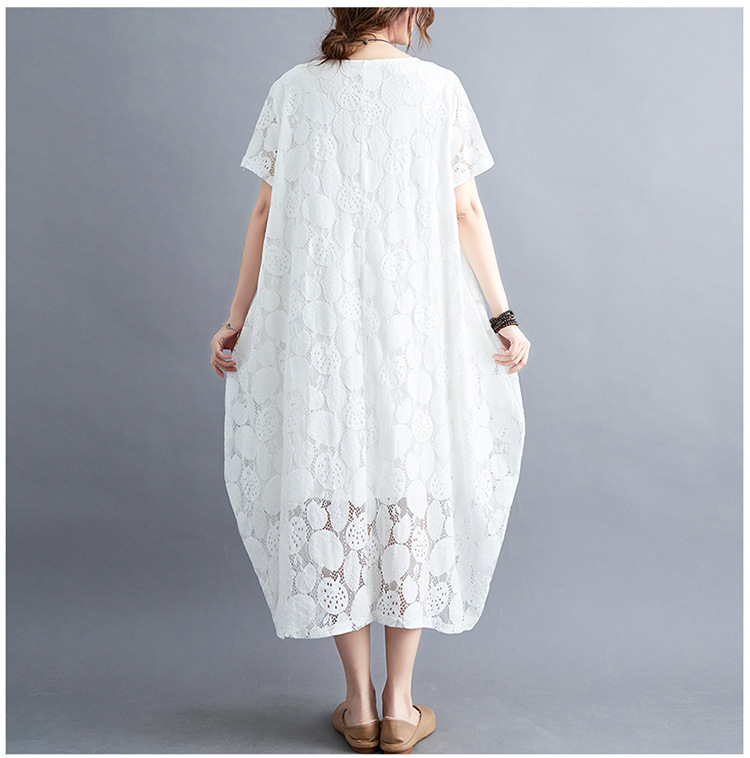 大人かわいい服 花模様レース透かしゆったりワンピース