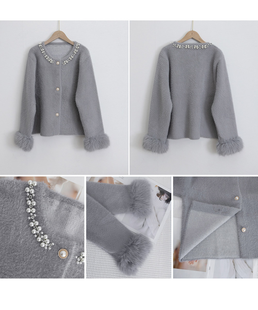 大人かわいい服 パール付きふわふわモヘアニットカーディガン