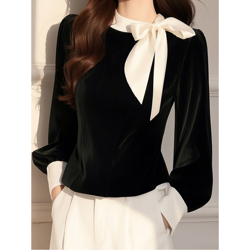 大人かわいい服 ベロアリボン襟付き長袖ブラウス