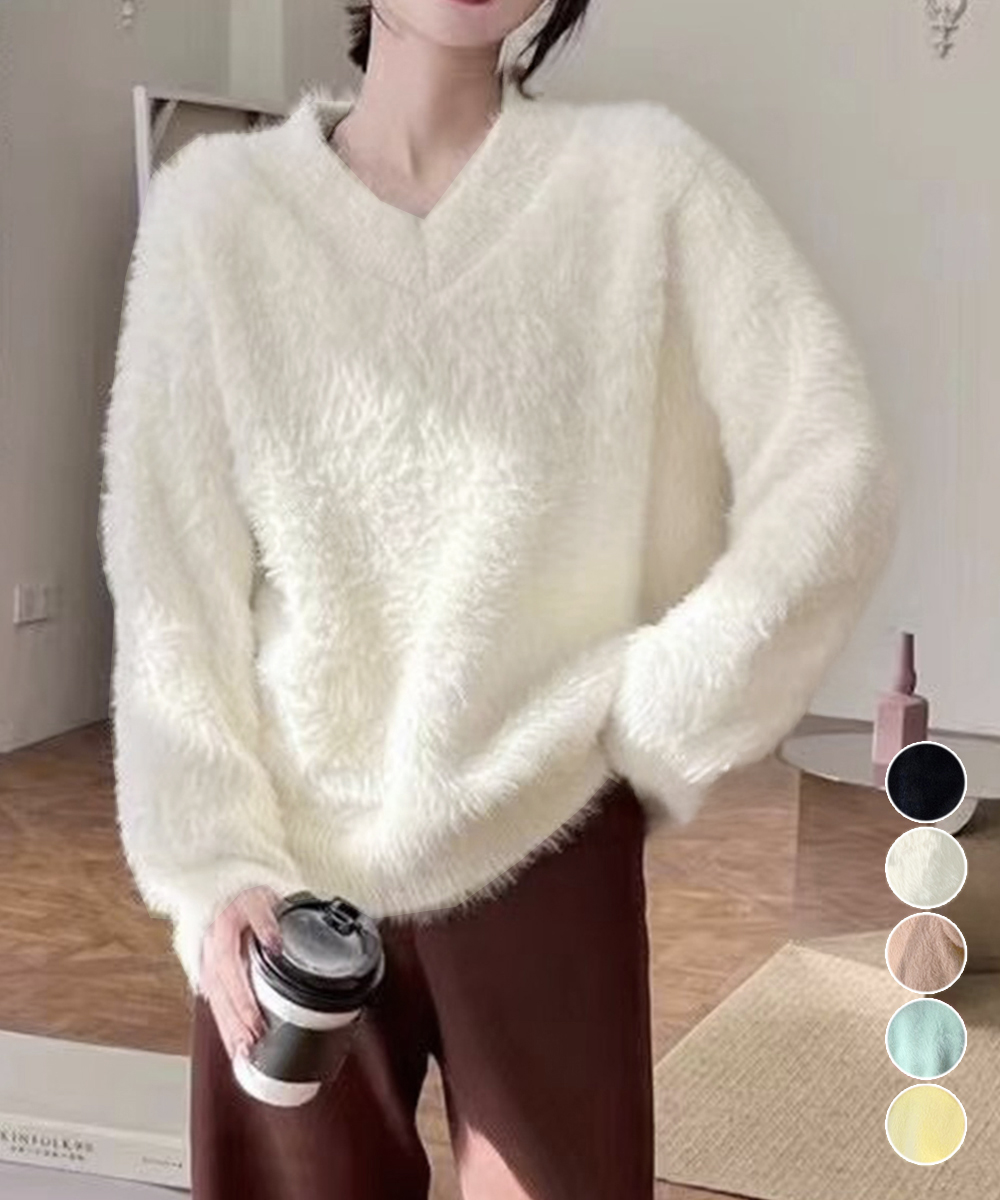 大人かわいい服 ふわふわシャギーニット長袖トップス秋冬