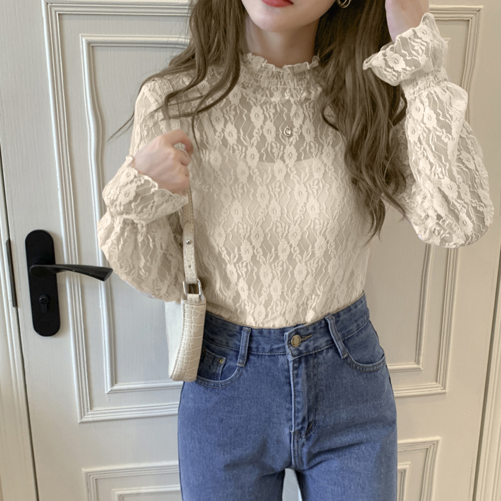 大人かわいい服 花柄レース シースルー トップス プチハイネック フリル