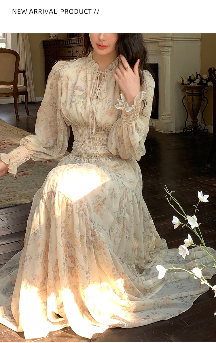 大人かわいい服 花柄シャーリングウエストロング丈ワンピース