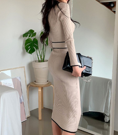 大人かわいい服 配色パイピングリボン付きリブニットワンピース