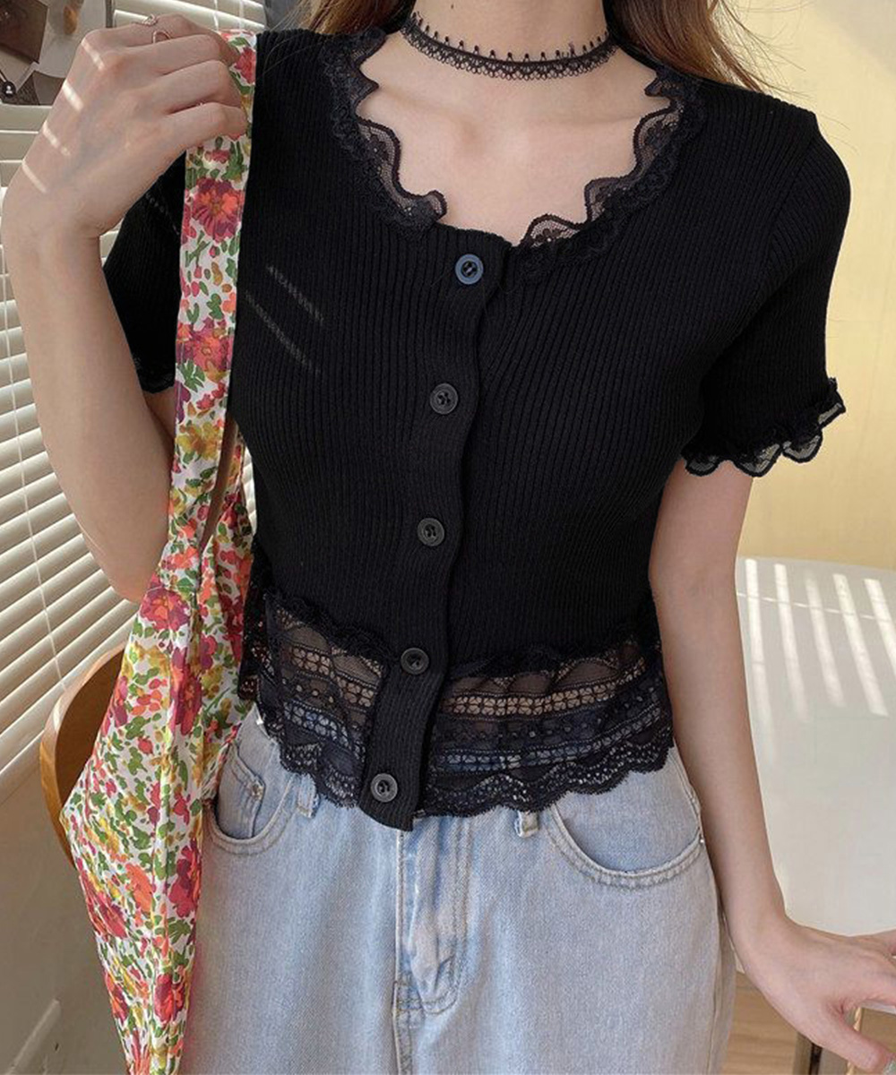 大人かわいい服 レース付きフリルショートカーディガン トップス