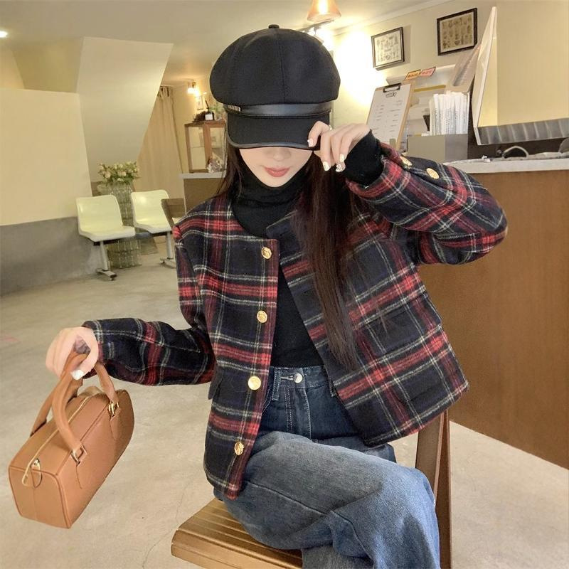 大人かわいい服 クラシックチェック柄ショート丈ジャケット