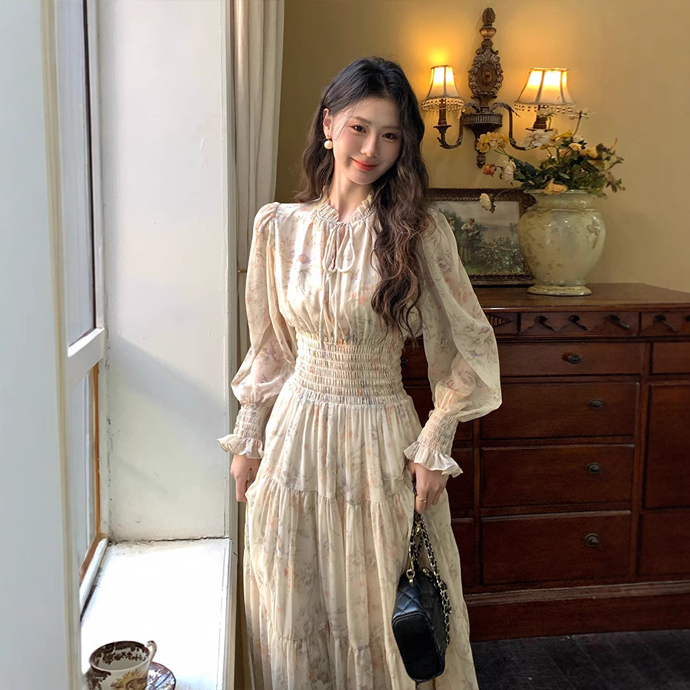 大人かわいい服 花柄シャーリングウエストロング丈ワンピース