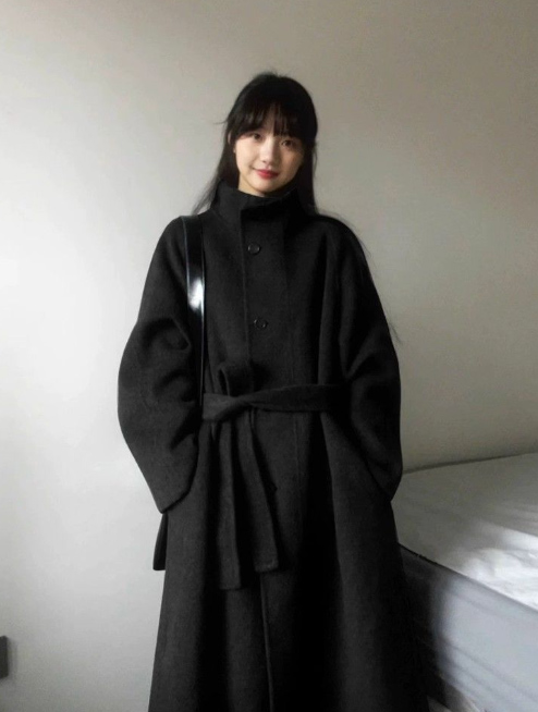大人かわいい服 秋冬新作ベルト付ロングコート ゆったりシルエット