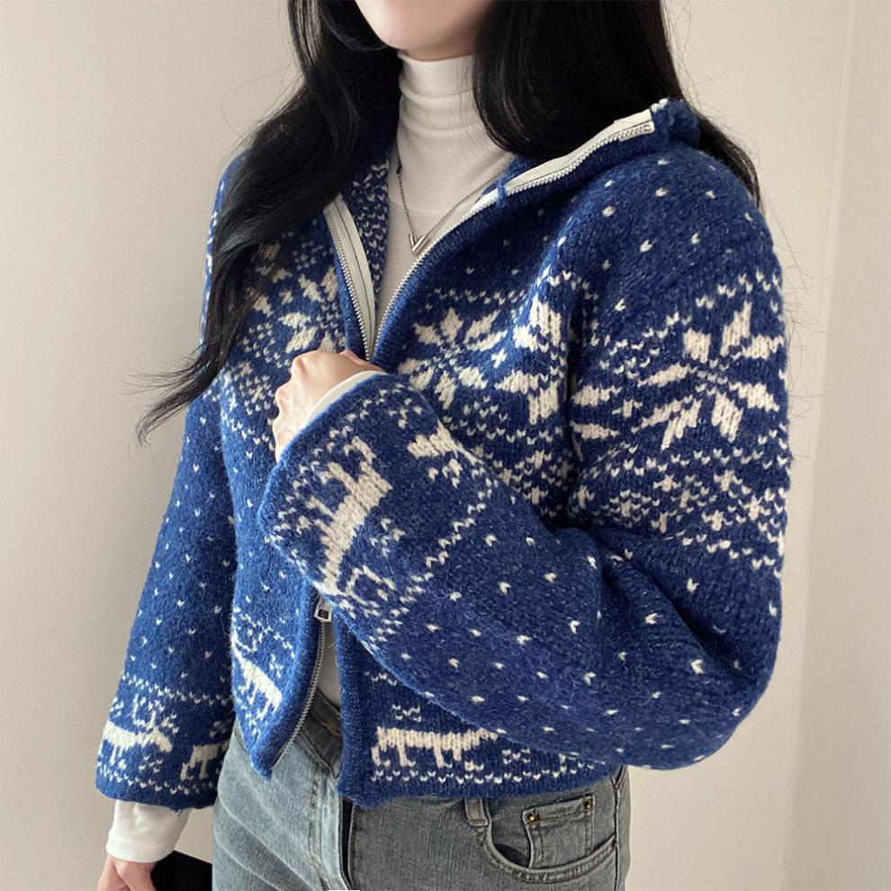 大人かわいい服 ノルディック柄ジップアップニットアウター