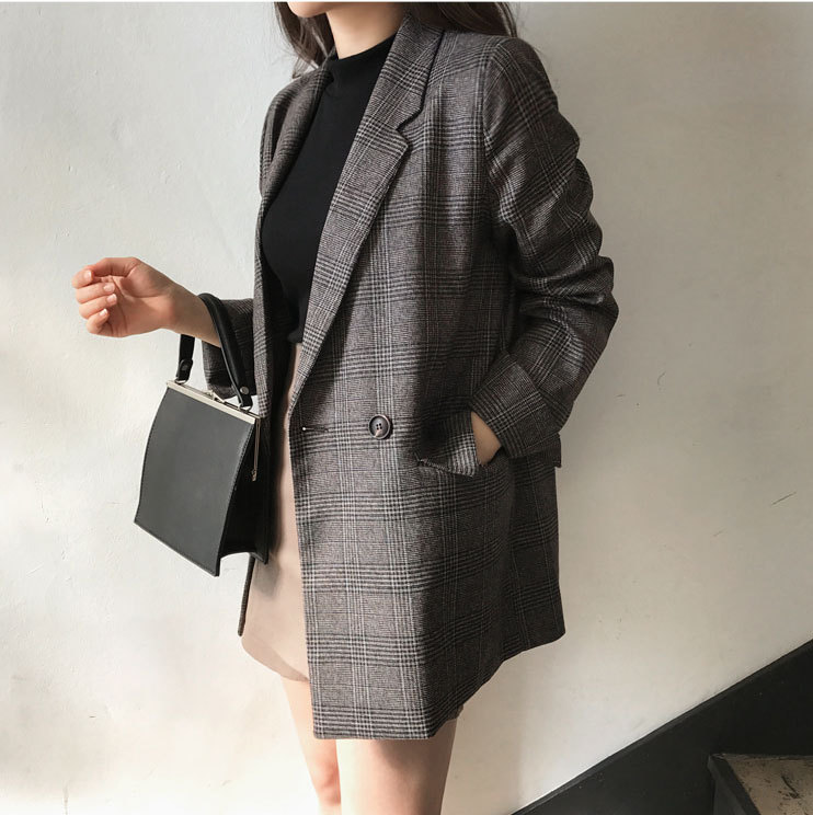 大人かわいい服 グレンチェック柄ダブルボタンロング丈テーラードジャケット