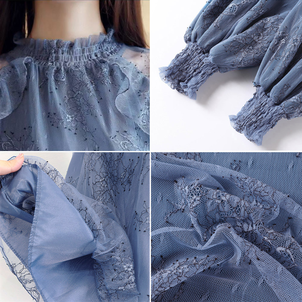 大人かわいい服 花柄シアーレース ハイネックトップス