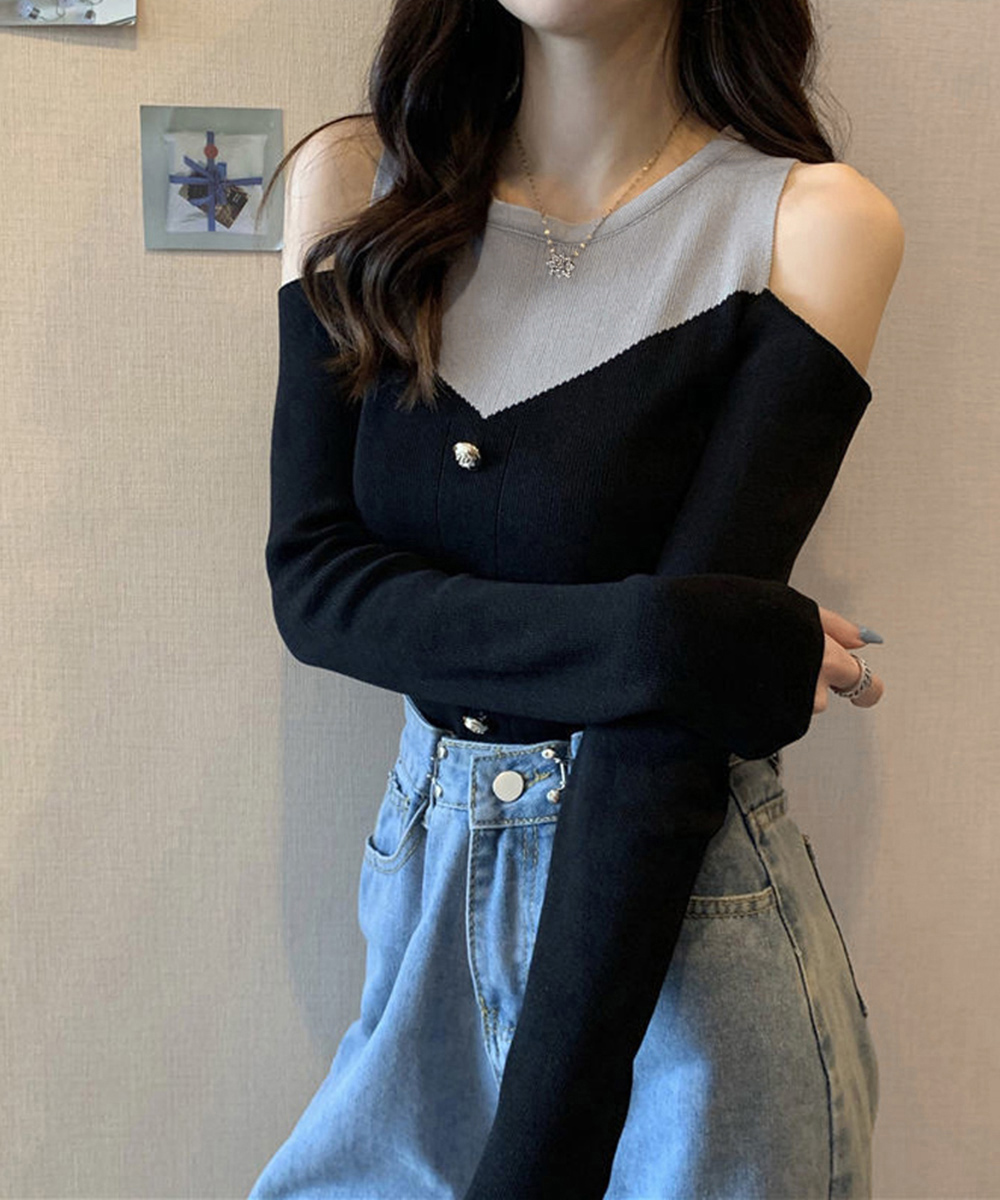 大人かわいい服 肩見せバイカラー リブニットトップス
