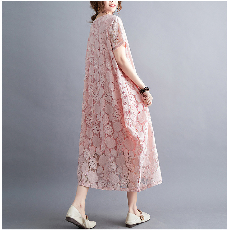 大人かわいい服 花模様レース透かしゆったりワンピース