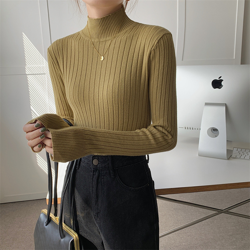 大人かわいい服 縦リブハイネックニットプルオーバー