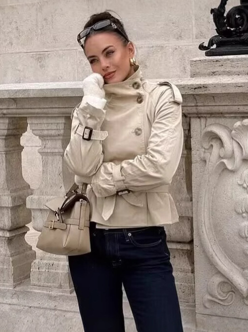 大人かわいい服 ショート丈トレンチ風ダブルボタンジャケット