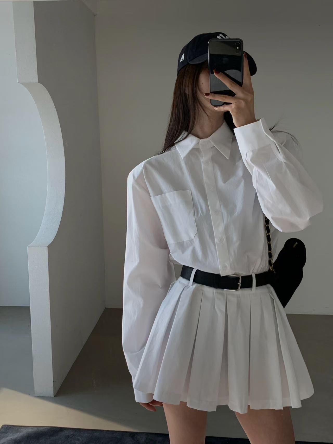 大人かわいい服 ストライプ柄シャツ襟ミニ丈ワンピース