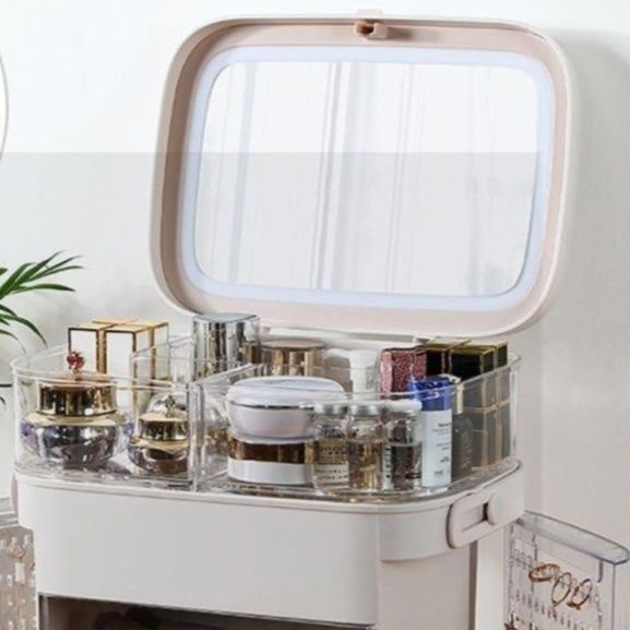 メイクボックス　白色メイクボックス鏡付き大容量収納