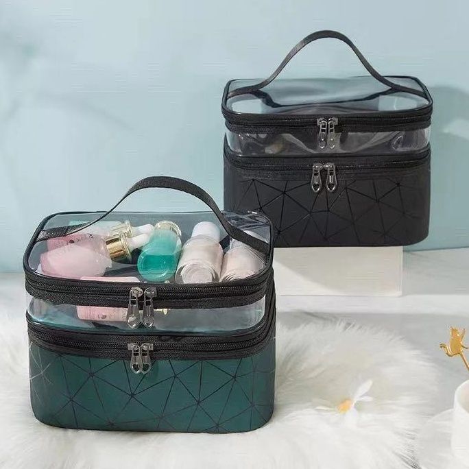 メイクボックス 透明窓付き二層式化粧品収納ポーチ