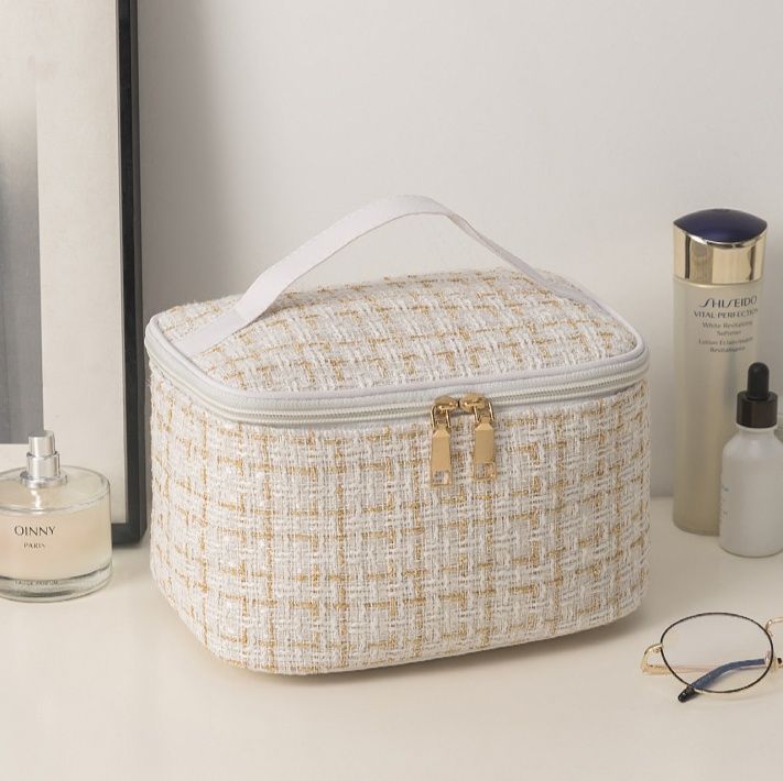 メイクボックス 上品ツイード風化粧ポーチ大容量収納ケース