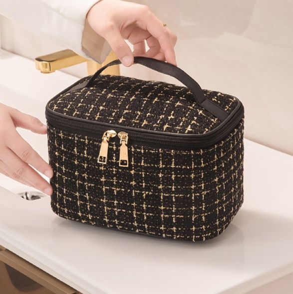 メイクボックス 上品ツイード風化粧ポーチ大容量収納ケース