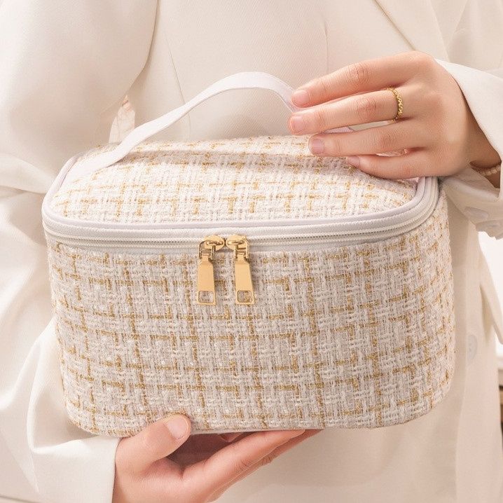 メイクボックス 上品ツイード風化粧ポーチ大容量収納ケース