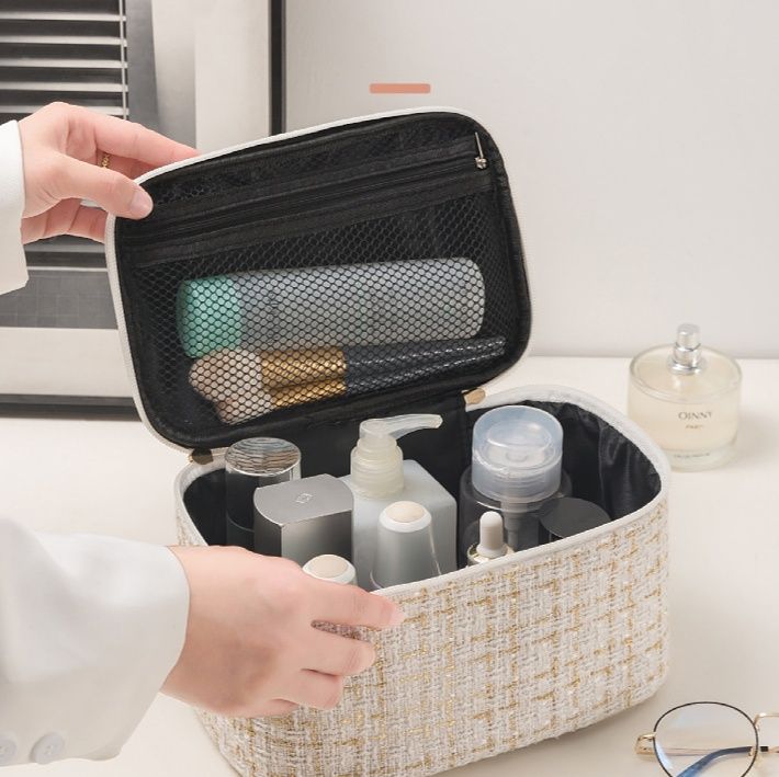 メイクボックス 上品ツイード風化粧ポーチ大容量収納ケース