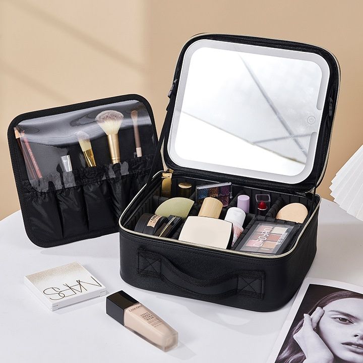 メイクボックス 発光機能付きヘリンボーン柄化粧ケース