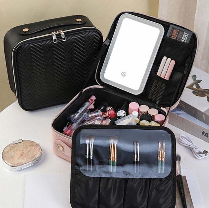 メイクボックス 発光機能付きヘリンボーン柄化粧ケース