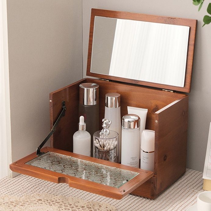 メイクボックス 天然木製鏡付き化粧品収納ボックス蓋開き式