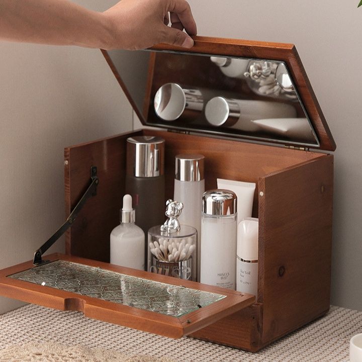 メイクボックス 天然木製鏡付き化粧品収納ボックス蓋開き式