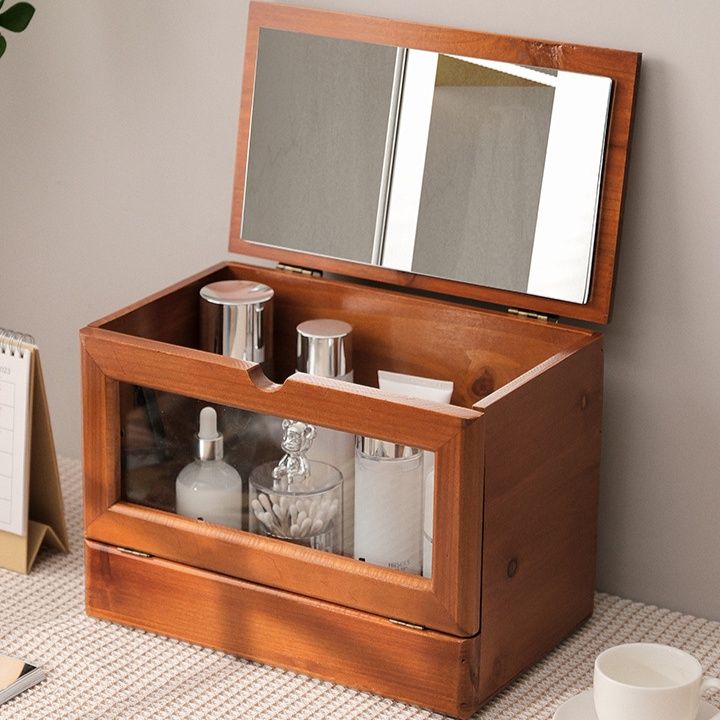 メイクボックス 天然木製鏡付き化粧品収納ボックス蓋開き式