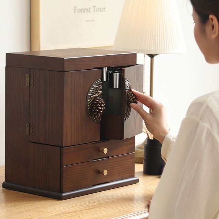 メイクボックス 松模様装飾付き多段引き出し木製収納箱