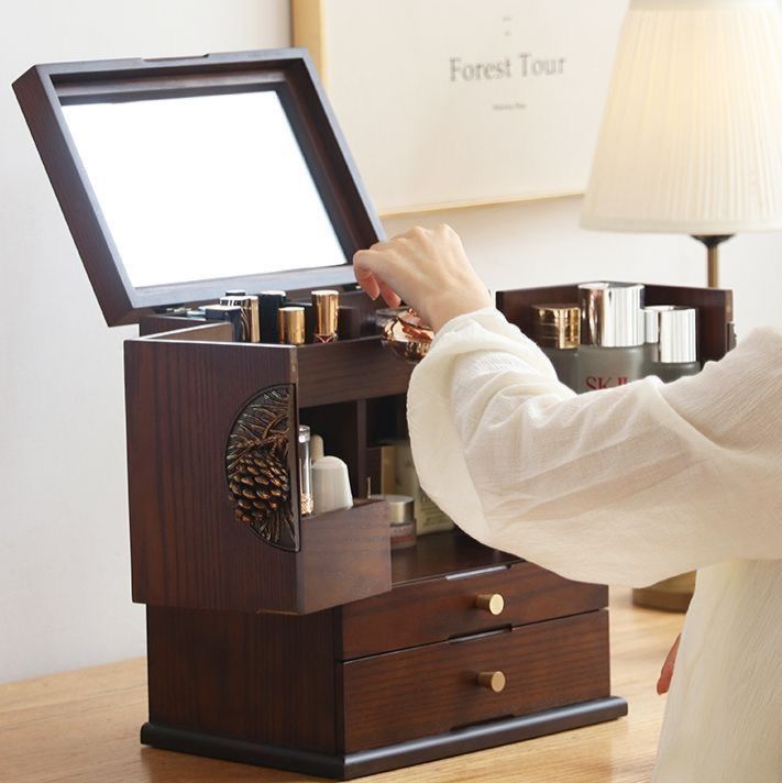 メイクボックス 松模様装飾付き多段引き出し木製収納箱