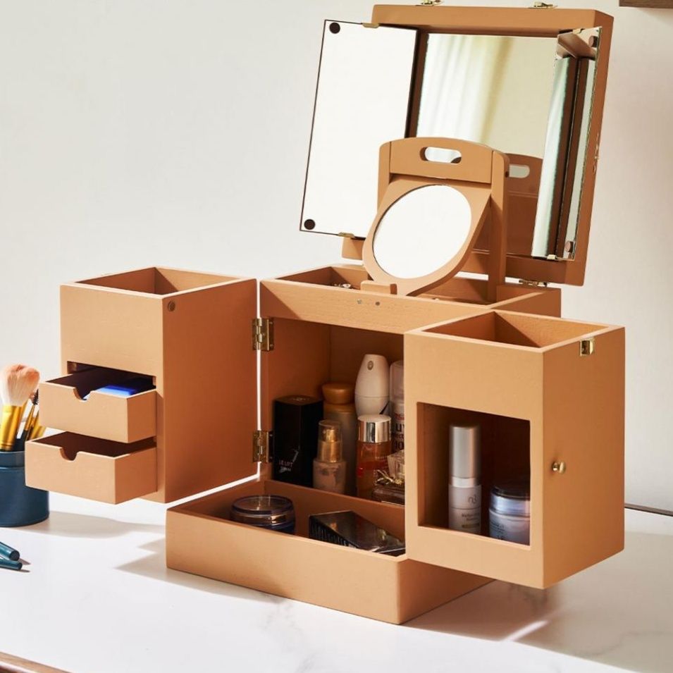 メイクボックス 三面鏡付き多段引出し木製化粧品収納箱