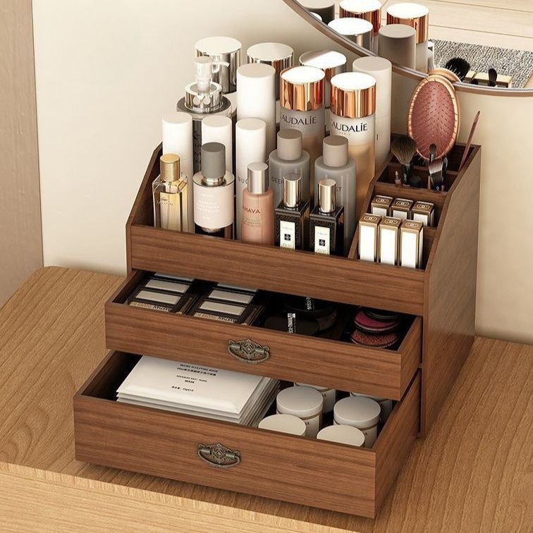 メイクボックス 二段引き出し付き木製化粧品収納ボックス