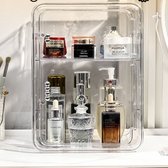 メイクボックス 三段式透明化粧品収納ボックス防塵扉付き