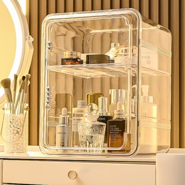 メイクボックス 三段式透明化粧品収納ボックス防塵扉付き
