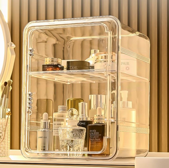 メイクボックス 三段式透明化粧品収納ボックス防塵扉付き