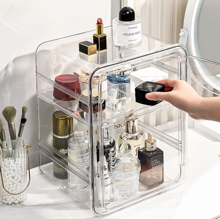 メイクボックス 三段式透明化粧品収納ボックス防塵扉付き