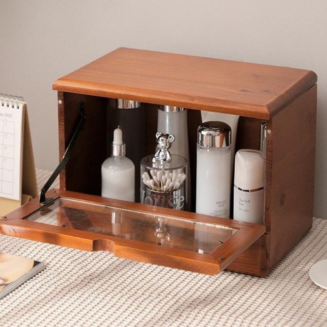 メイクボックス ミラー付き二段式木製収納ボックス