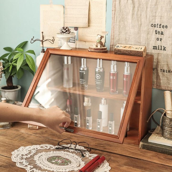 メイクボックス 透明扉付き木製化粧品収納ケース二段式