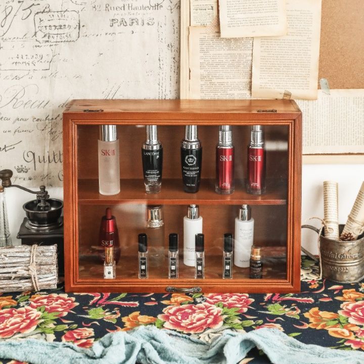 メイクボックス 透明扉付き木製化粧品収納ケース二段式