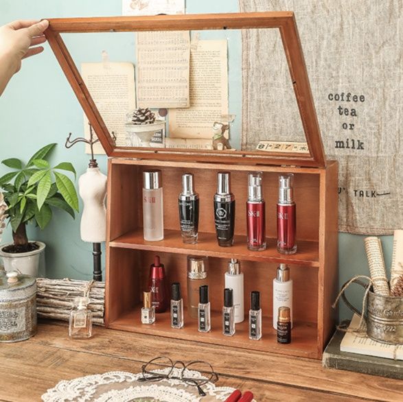 メイクボックス 透明扉付き木製化粧品収納ケース二段式